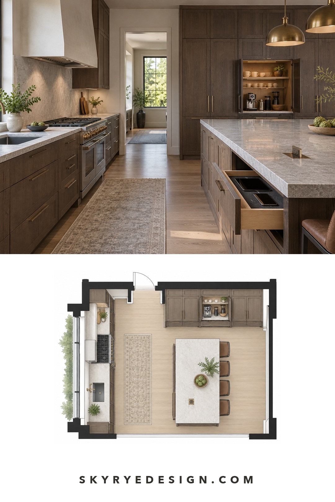 Modern kitchen and floor plan with an appliance garage, charging drawer, and concealed outlet