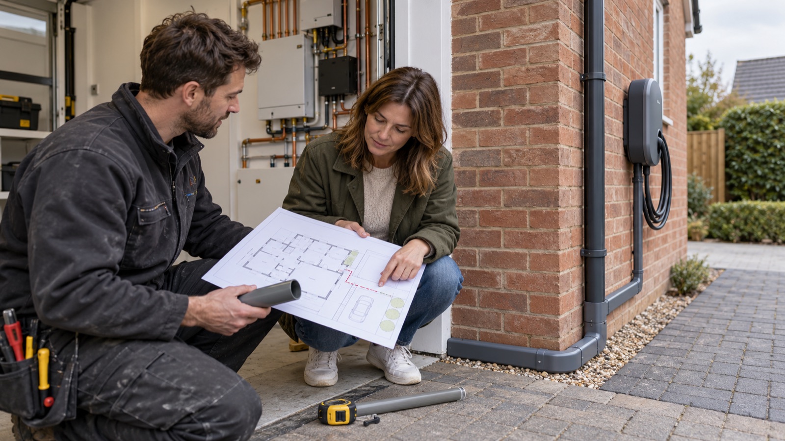 Electrician planning a neat cable route for a home EV charger Electrician planning a neat cable route for a home EV charger | Sky Rye Design Electrician planning a neat cable route for a home EV charger