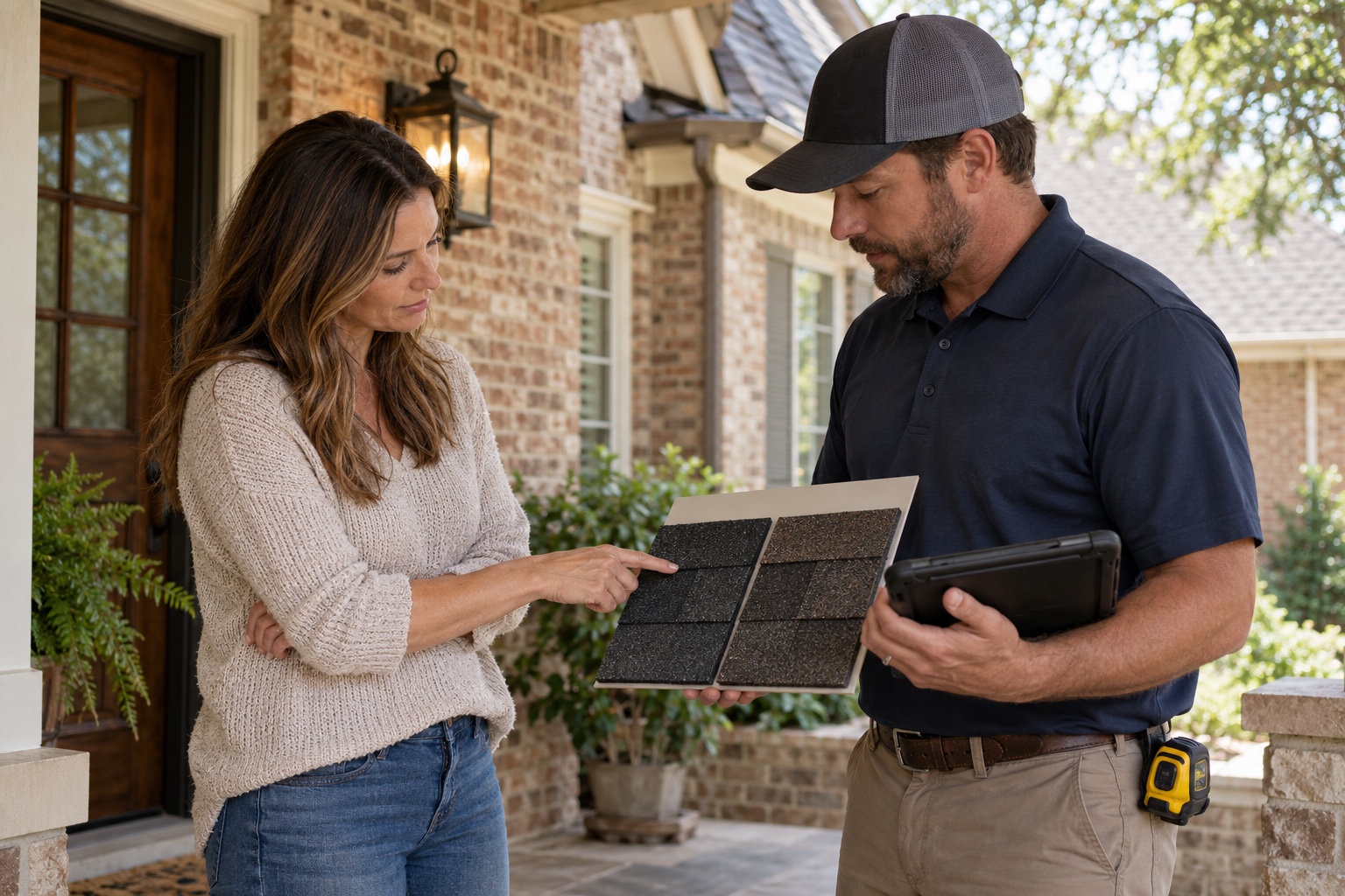 Homeowner Roof Consultation Homeowner comparing shingle colors with a roofing estimator | Sky Rye Design Homeowner comparing shingle colors with a roofing estimator