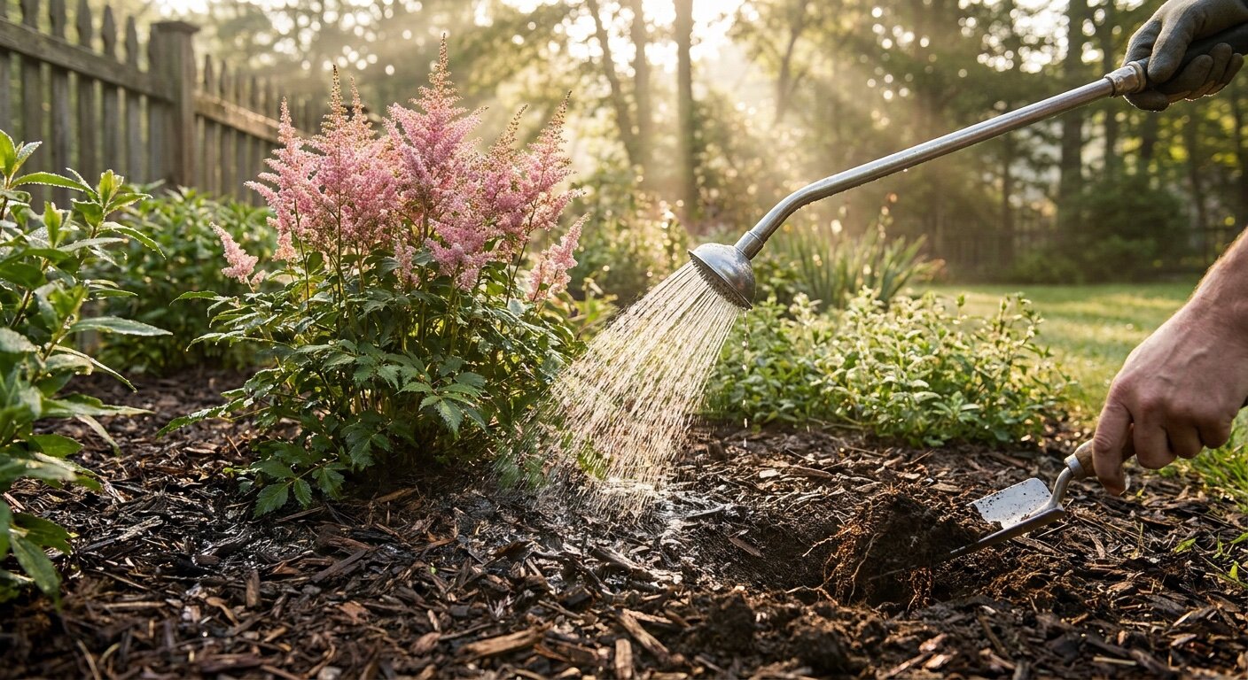 Morning root-zone watering around a perennial with slow even infiltration