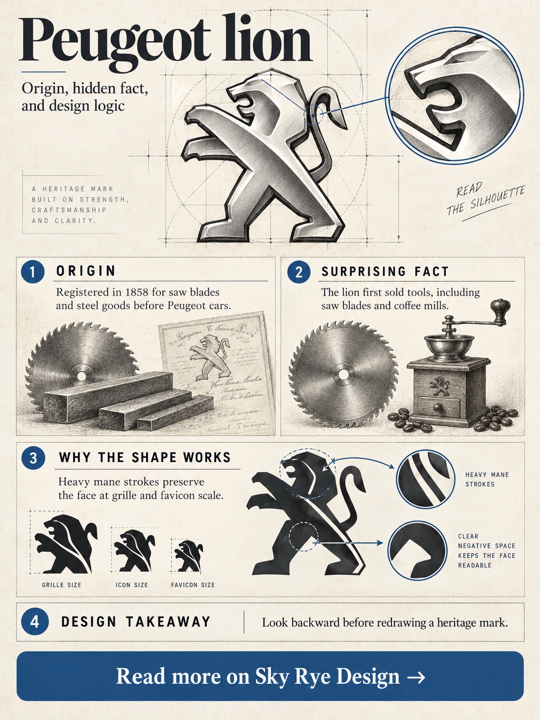 Infographic explaining the origin, surprising fact, and design logic of the Peugeot logo