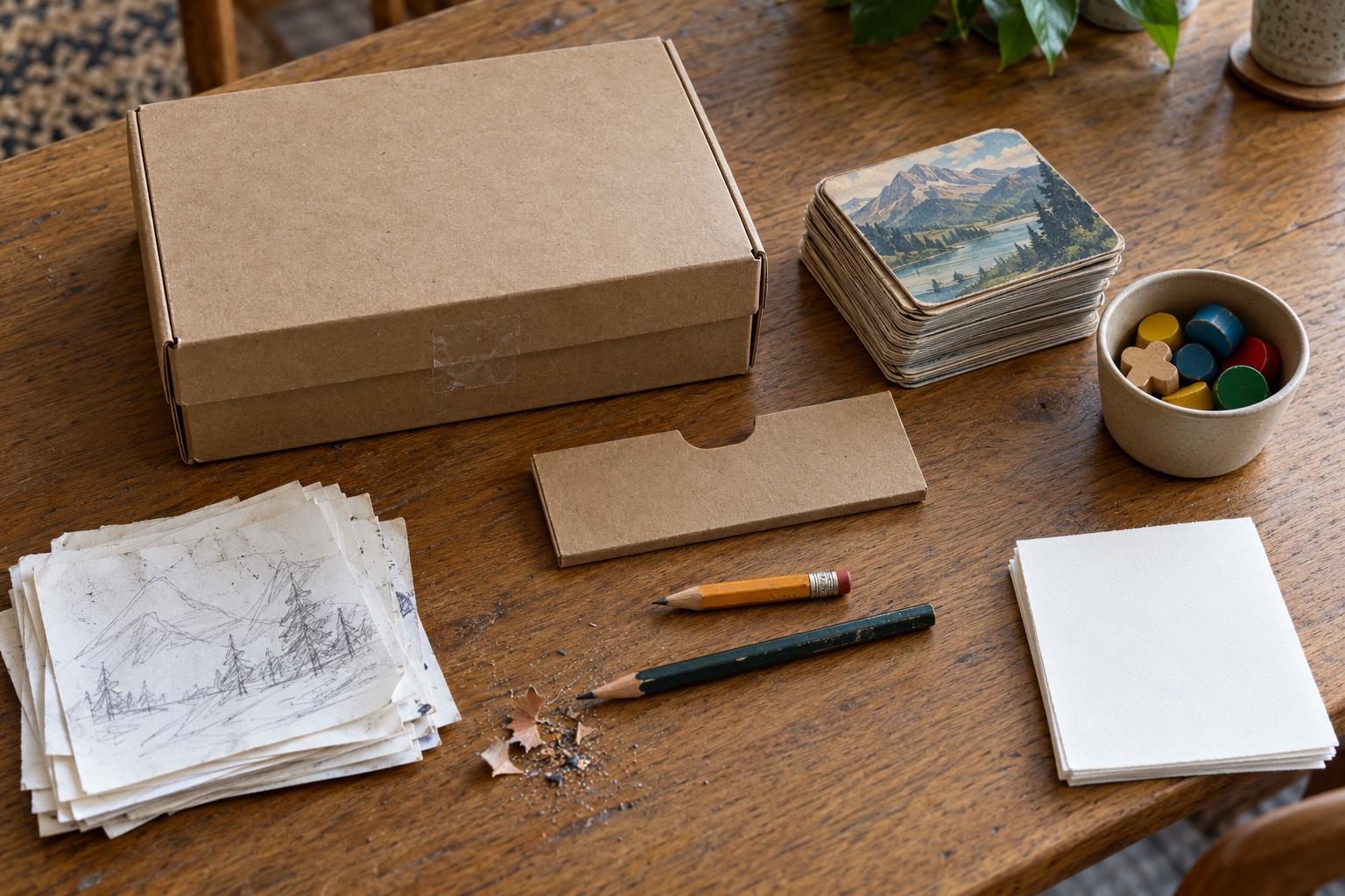 Return test in progress Overhead test scene with a closed game kit, a loose card pile, a removed divider and pencils on oak | Sky Rye Design Overhead test scene with a closed game kit, a loose card pile, a removed divider and pencils on oak