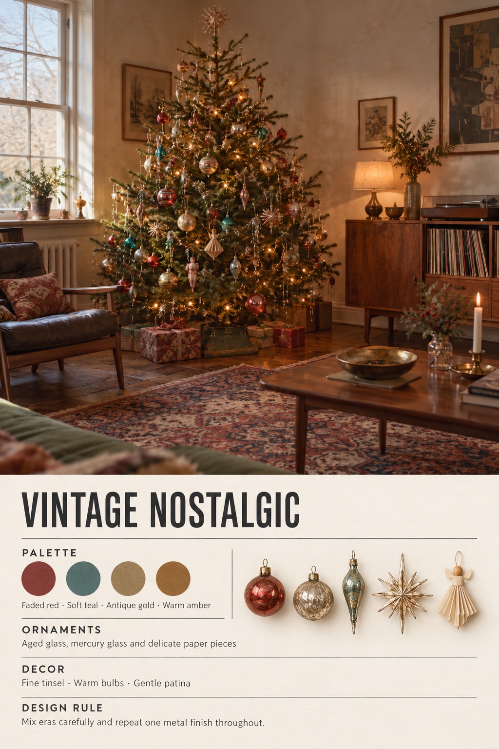 Vintage Nostalgic Christmas Tree Infographic Vintage Nostalgic Christmas tree infographic with color palette, ornaments, decor, and design rule | Sky Rye Design Vintage Nostalgic Christmas tree infographic with color palette, ornaments, decor, and design rule