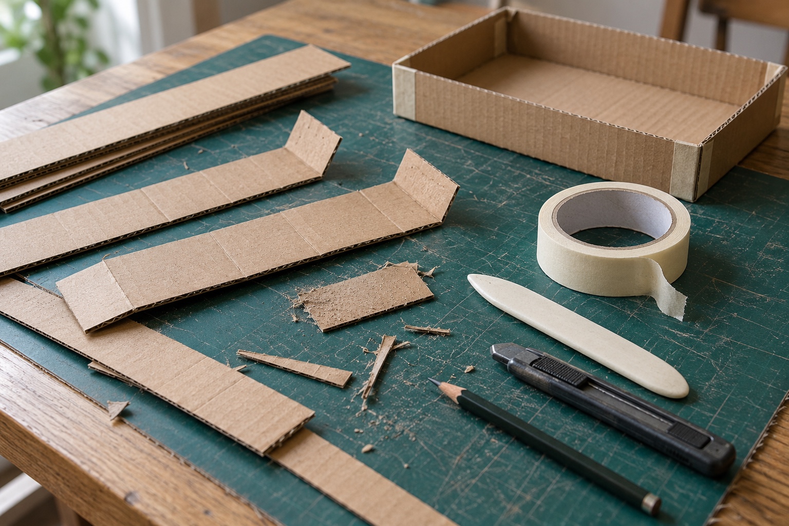 First-prototype materials Cardboard offcuts, masking tape, a bone folder and a craft knife on a plain cutting mat | Sky Rye Design Cardboard offcuts, masking tape, a bone folder and a craft knife on a plain cutting mat