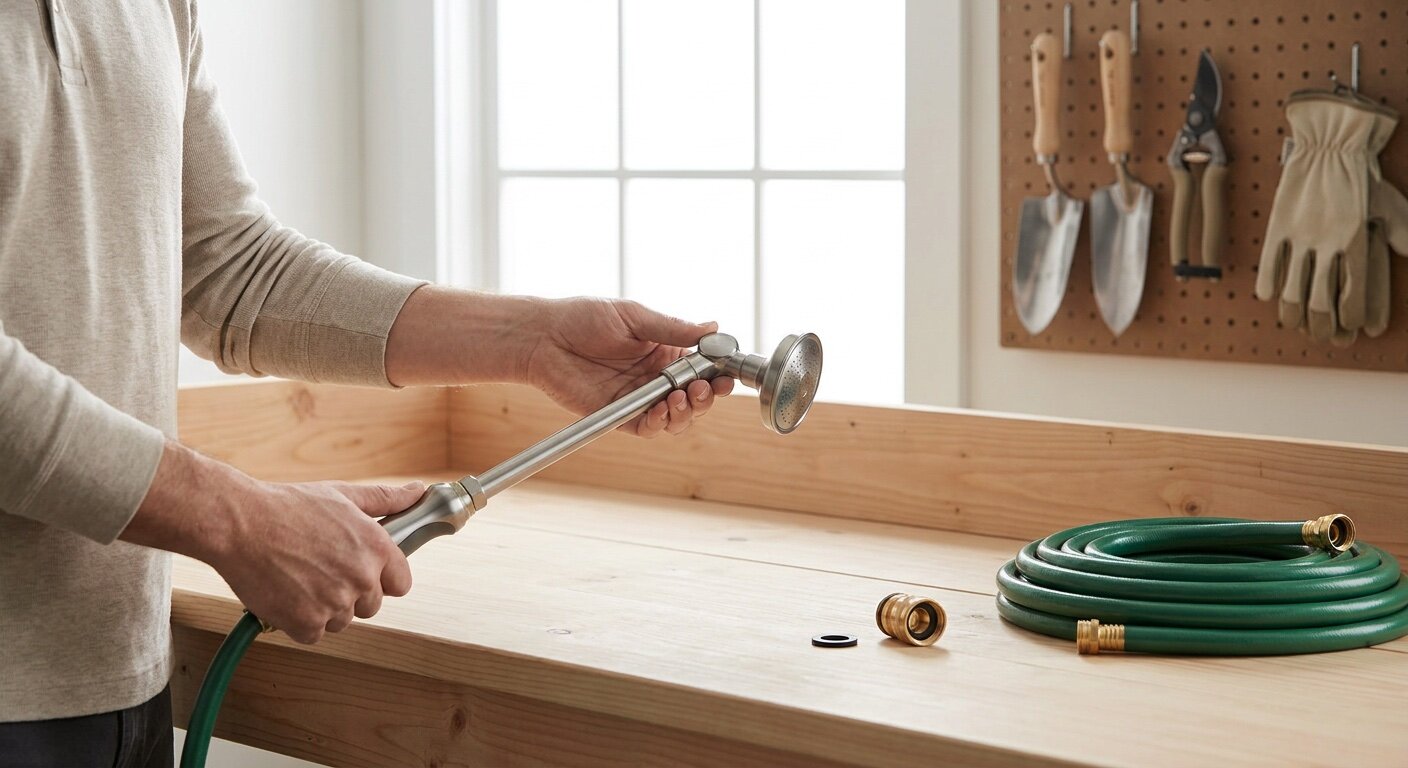 Gardener checking grip, balance, pivot joint, washer, and connection on a new watering wand