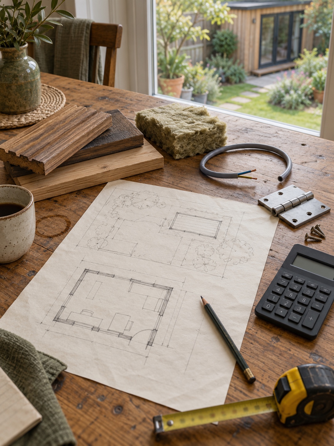 Kitchen table with a hand-drawn shed plan, cladding and insulation samples, a cable offcut and a calculator