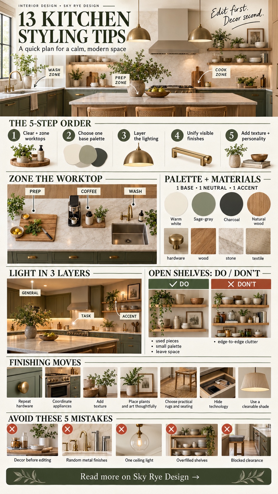 13 kitchen styling tips infographic showing countertop zones, color palette, layered lighting, open shelf styling, finishing details, and common mistakes