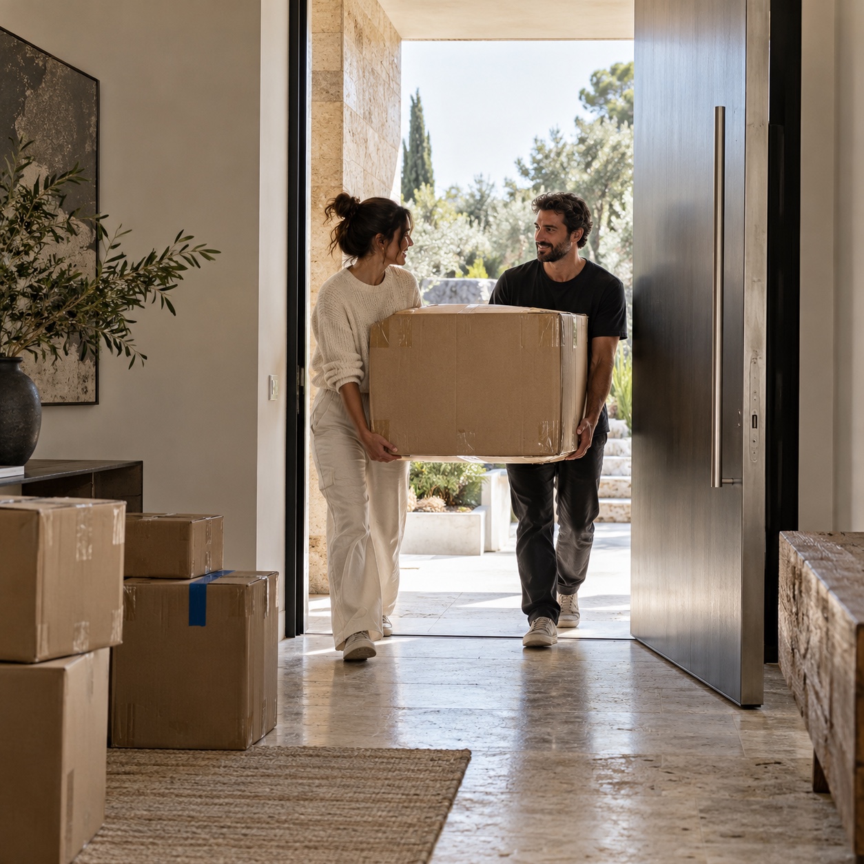 Moving into a shared home Two partners carry a moving box through the doorway of their new home | Sky Rye Design Two partners carry a moving box through the doorway of their new home