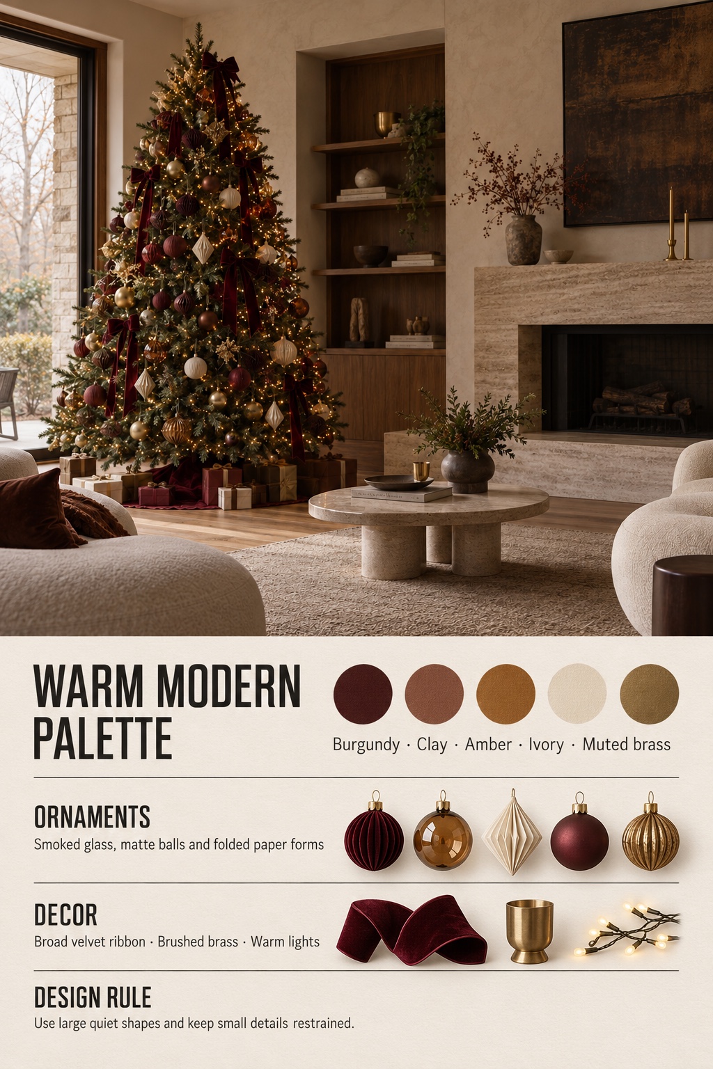 Warm Modern Christmas Tree Infographic Warm Modern Christmas tree infographic with color palette, ornaments, decor, and design rule | Sky Rye Design Warm Modern Christmas tree infographic with color palette, ornaments, decor, and design rule