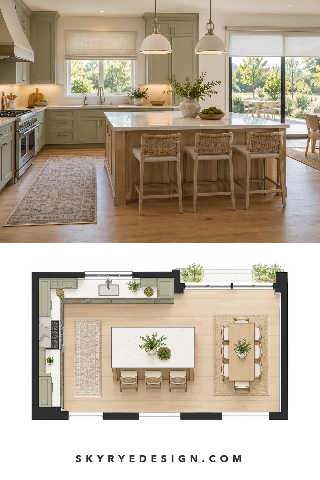 Sage kitchen and floor plan with a washable Roman shade and simple solar roller shade