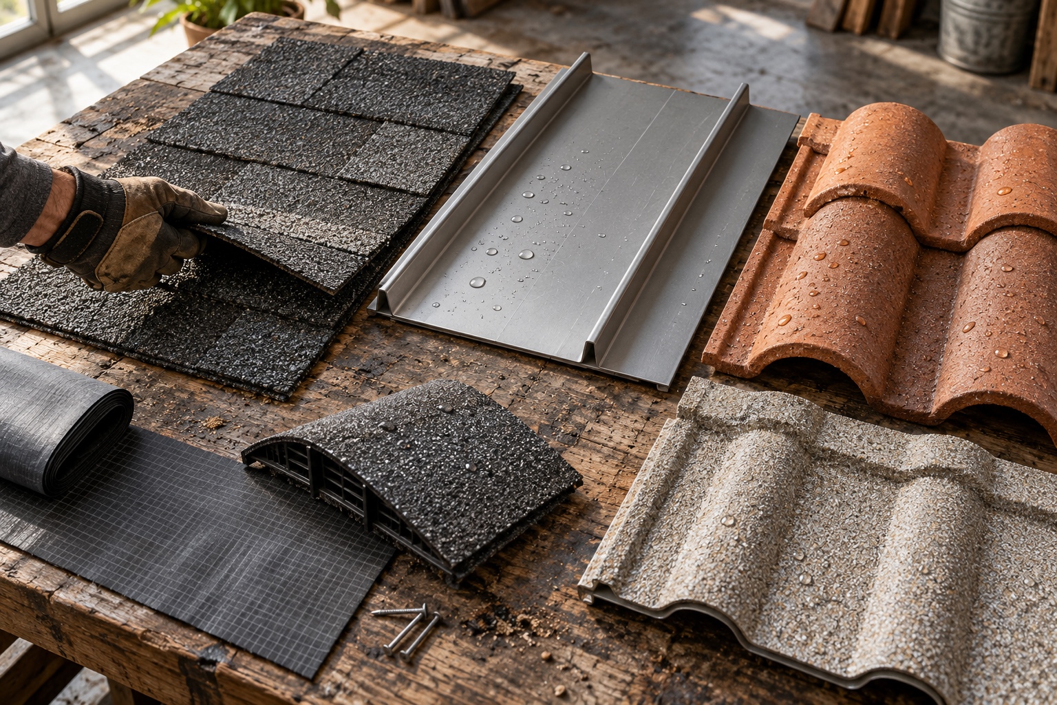 Dallas Roof Material Options Shingle, metal, clay tile, and stone-coated steel roof material samples | Sky Rye Design Shingle, metal, clay tile, and stone-coated steel roof material samples