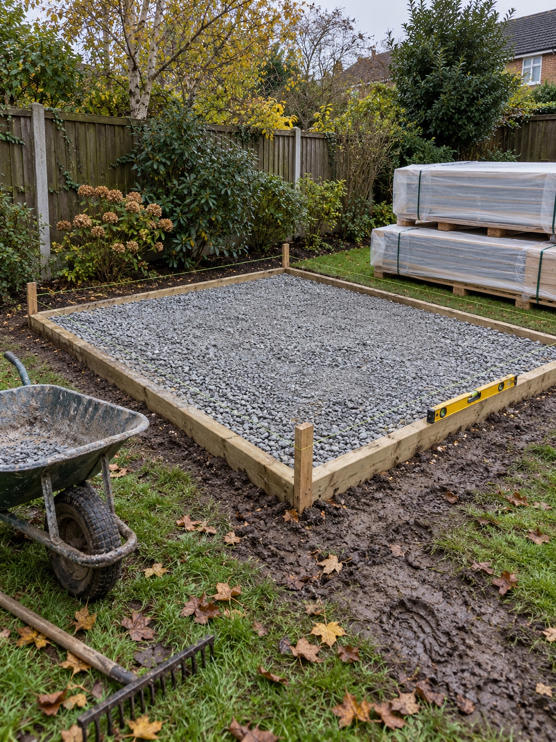 Prepared level gravel base with string lines in a back garden, ready for a timber office shell to be installed