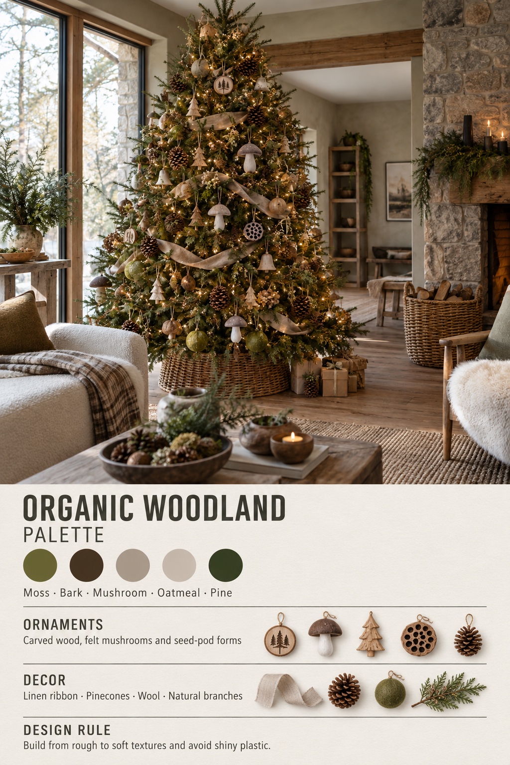 Organic Woodland Christmas Tree Infographic Organic Woodland Christmas tree infographic with color palette, ornaments, decor, and design rule | Sky Rye Design Organic Woodland Christmas tree infographic with color palette, ornaments, decor, and design rule