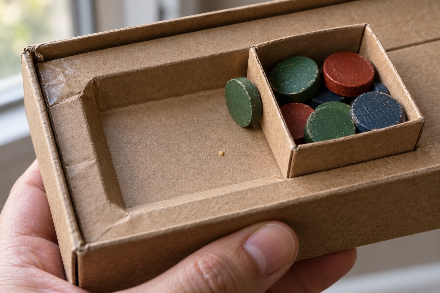 Keeping small pieces from spilling Tilted cardboard insert with a lipped recess and a removable cup keeping small game tokens in place | Sky Rye Design Tilted cardboard insert with a lipped recess and a removable cup keeping small game tokens in place