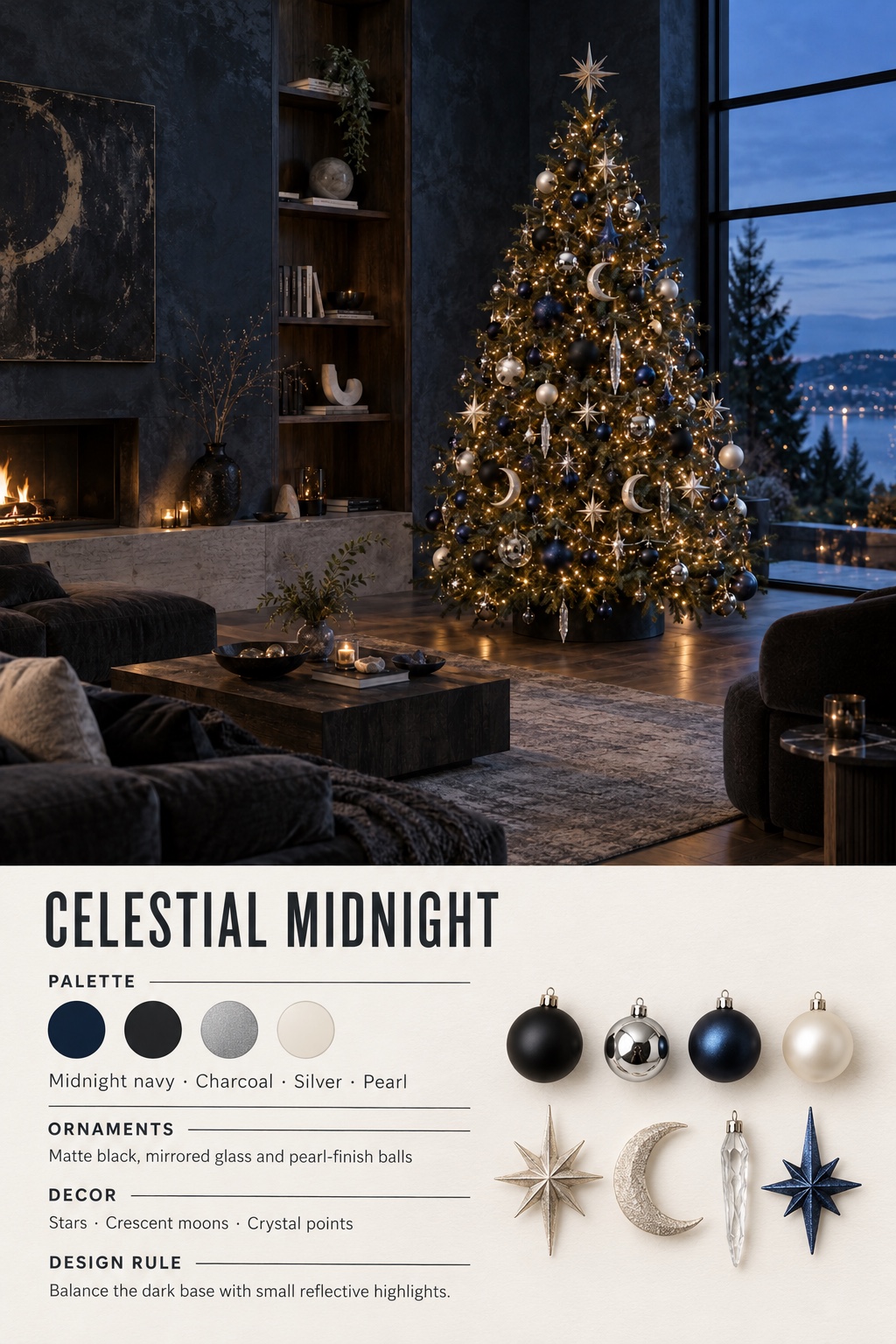 Celestial Midnight Christmas Tree Infographic Celestial Midnight Christmas tree infographic with color palette, ornaments, decor, and design rule | Sky Rye Design Celestial Midnight Christmas tree infographic with color palette, ornaments, decor, and design rule