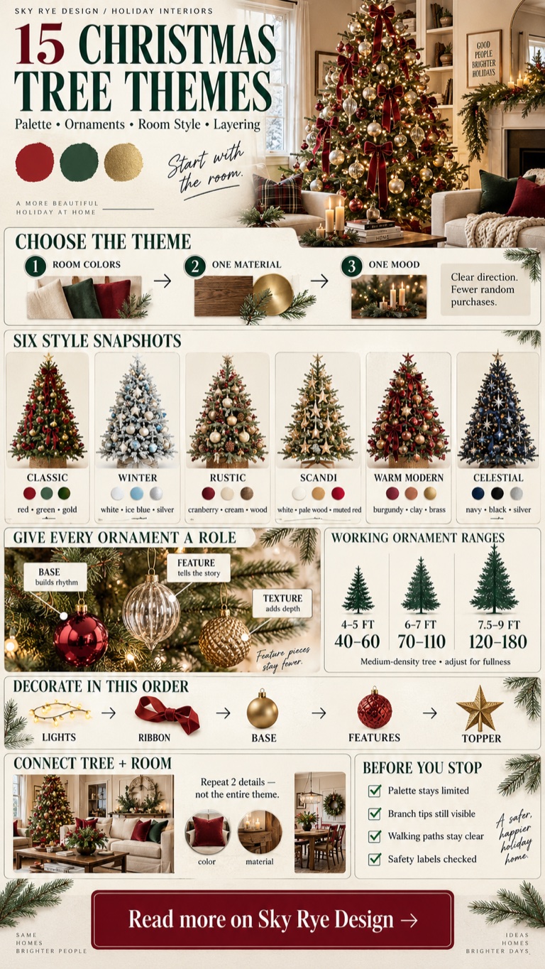 15 Christmas Tree Themes Infographic for 2026 Infographic titled '15 Christmas Tree Themes' showing a living room, color swatches, and sections for choosing themes, six style snapshots, and ornament ideas by Sky Rye Design/holiday interiors. | Sky Rye Design 15 Christmas tree themes infographic with palettes, ornament ranges, layering order, and room styling checklist