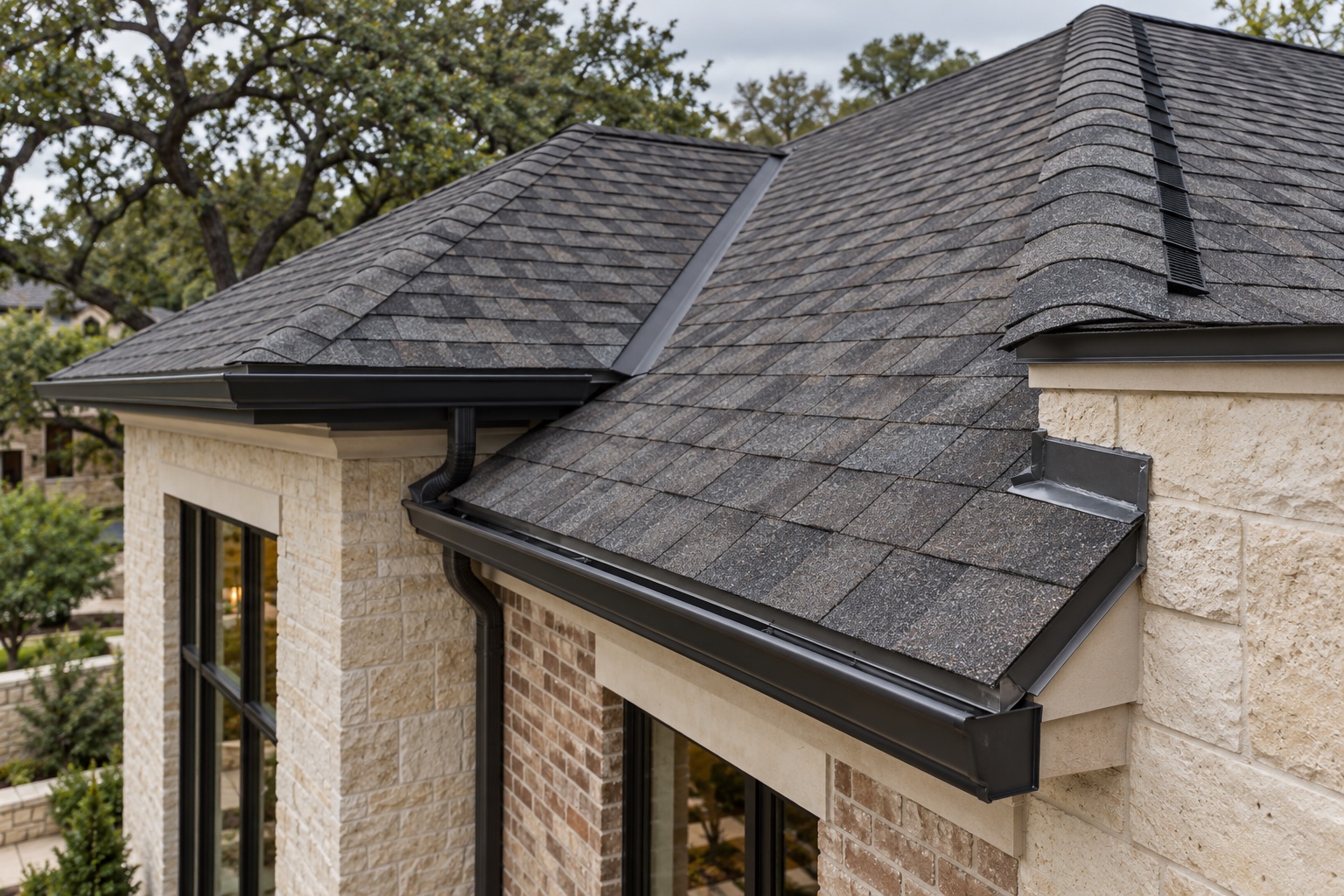 Roof Ventilation and Drainage Details Completed shingle roof with ridge vent, flashing, drip edge, and gutters | Sky Rye Design Completed shingle roof with ridge vent, flashing, drip edge, and gutters
