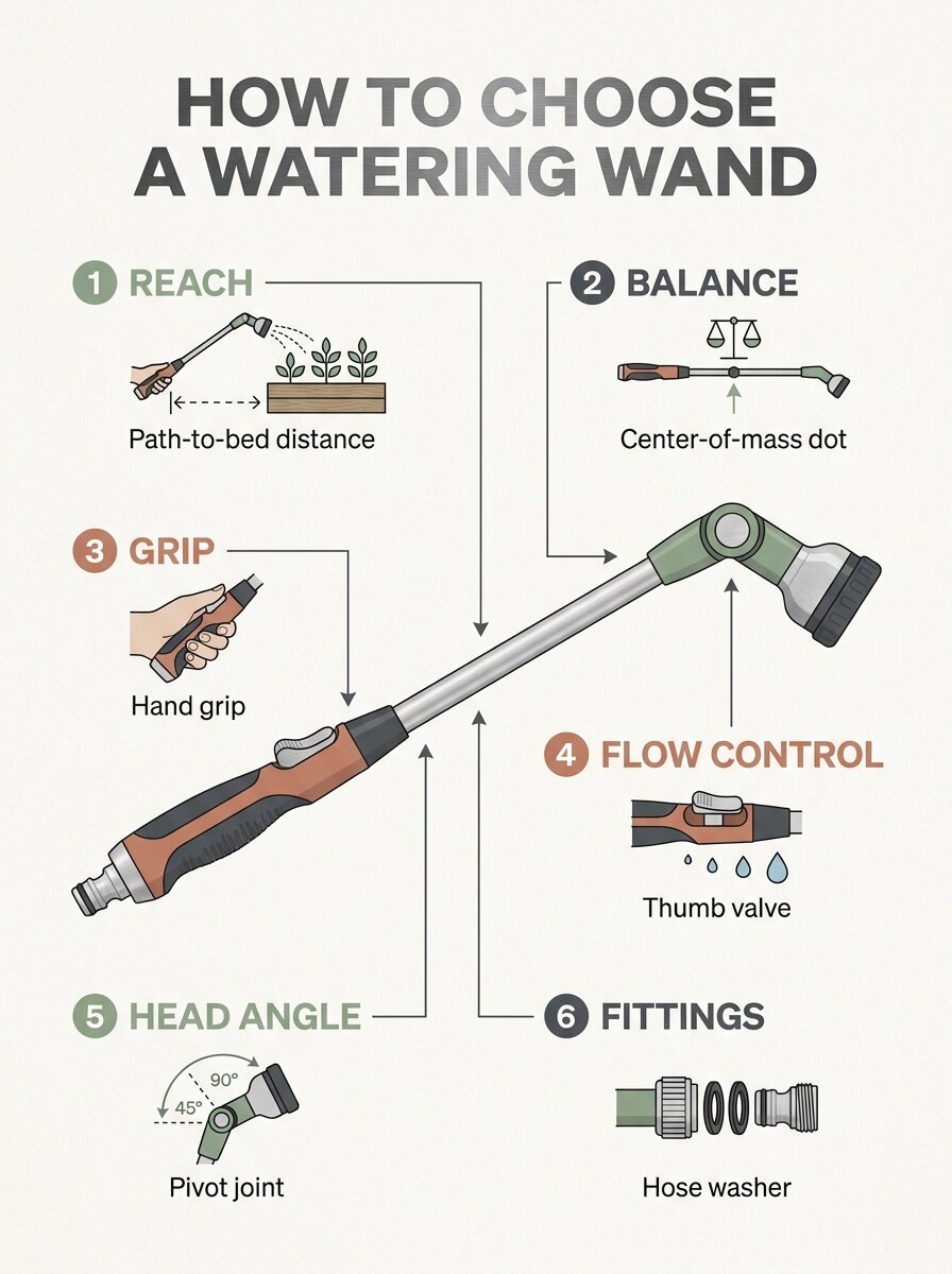 Infographic showing six design checks for choosing a watering wand