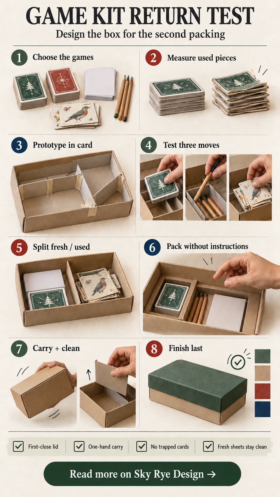 Game kit return test infographic Vertical infographic of eight steps for designing a game kit around returning its pieces, with a short checklist | Sky Rye Design Vertical infographic of eight steps for designing a game kit around returning its pieces, with a short checklist