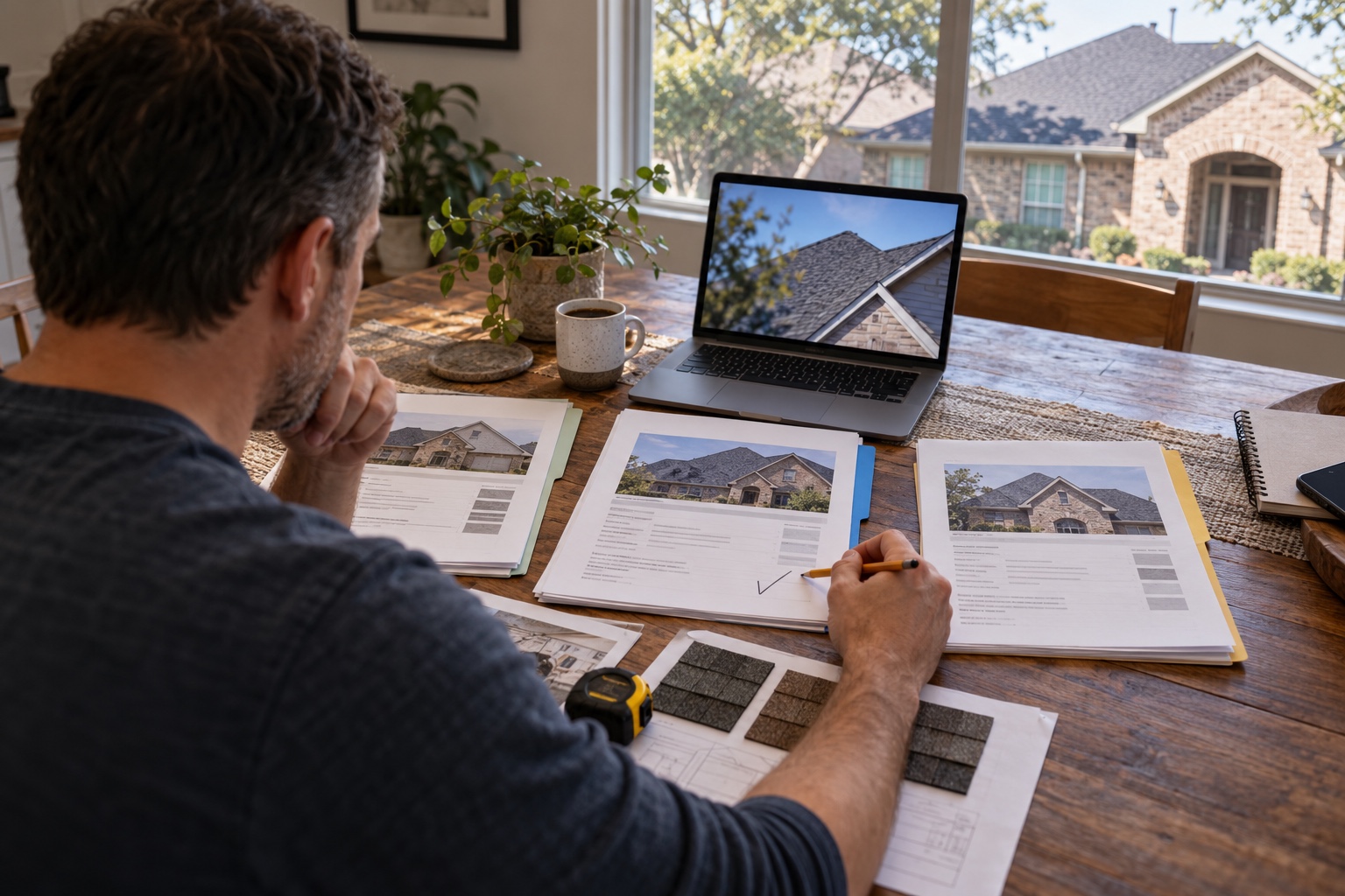 Three-Bid Roof Replacement Decision Homeowner comparing three roofing bids with samples and warranty terms | Sky Rye Design Homeowner comparing three roofing bids with samples and warranty terms