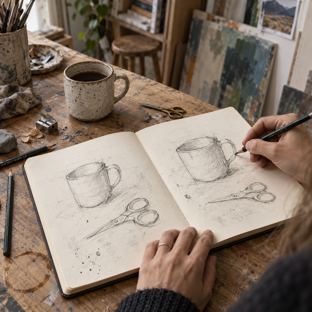 Graphite line study of a ceramic mug and scissors on an artist studio desk
