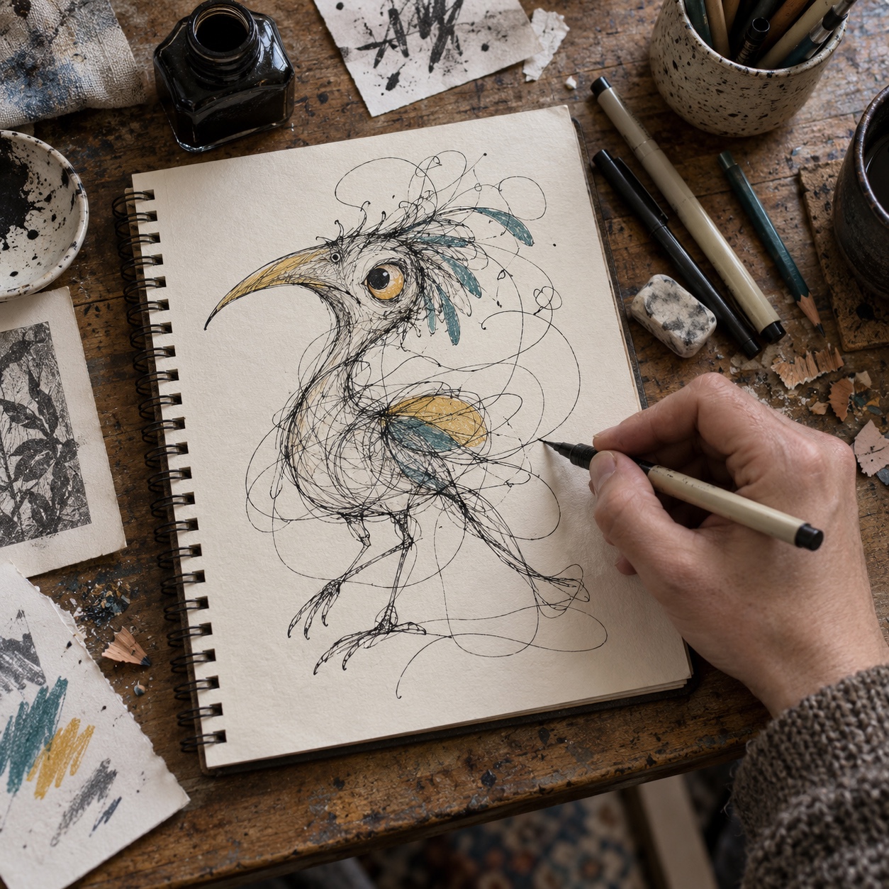 Continuous ink scribble transformed into a playful bird character in a sketchbook