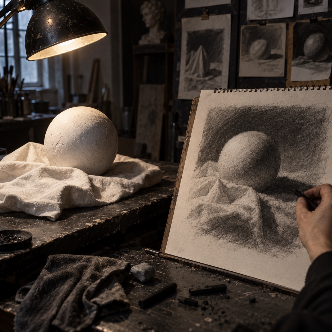 Three-value charcoal study of a plaster sphere and cube under directional light