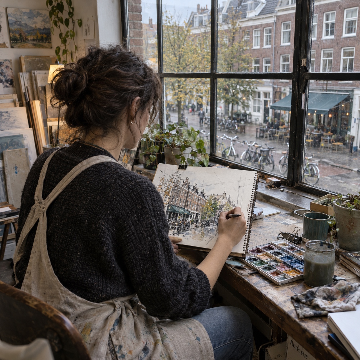 Artist drawing a concise ink and wash city sketch from a tall studio window