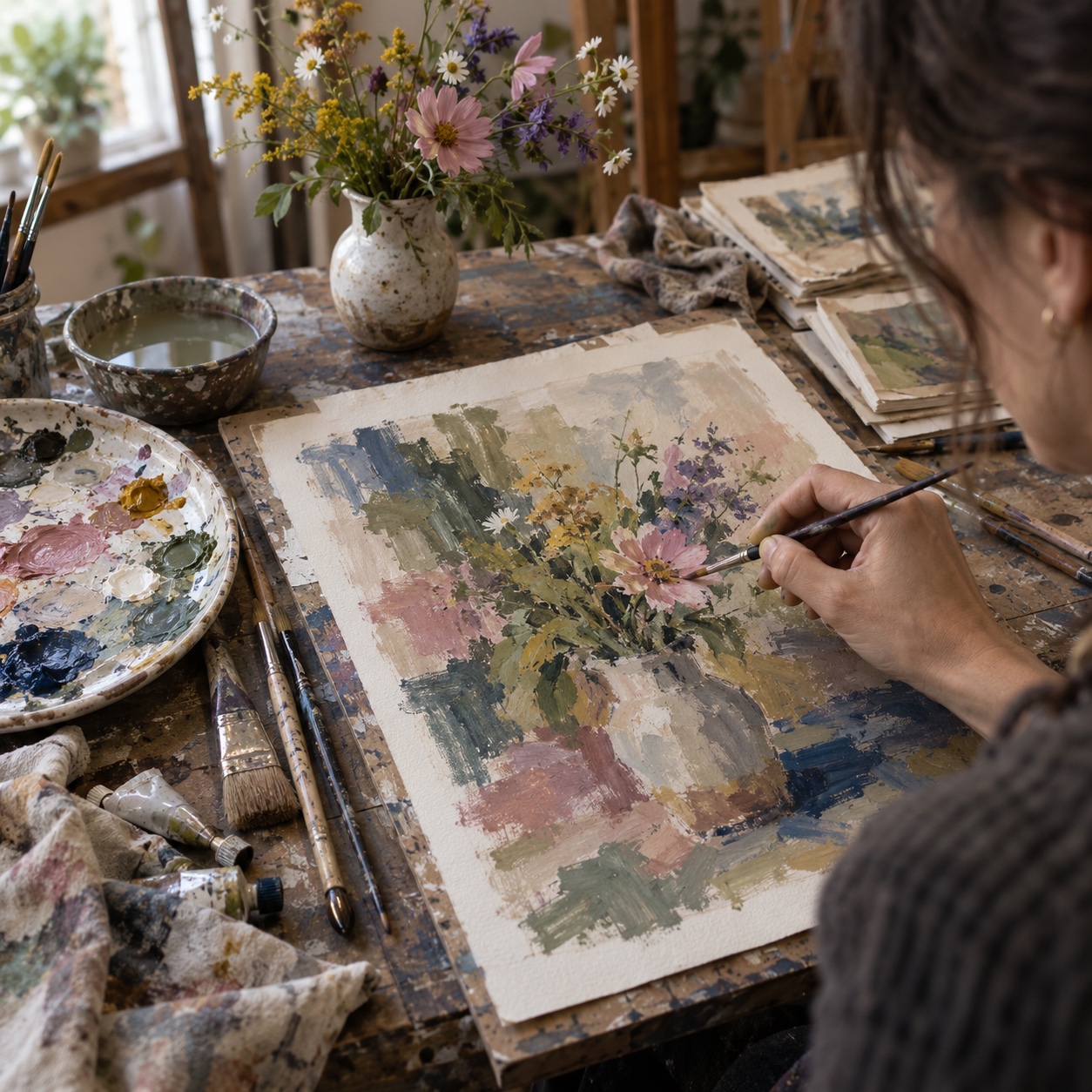 Gouache wildflower study moving from loose washes to controlled focal details