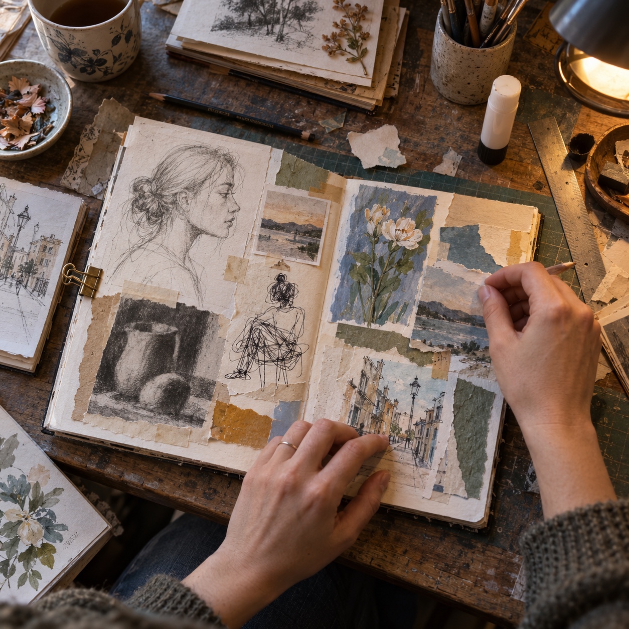 Mixed-media visual diary combining seven small art studies on an oak studio table