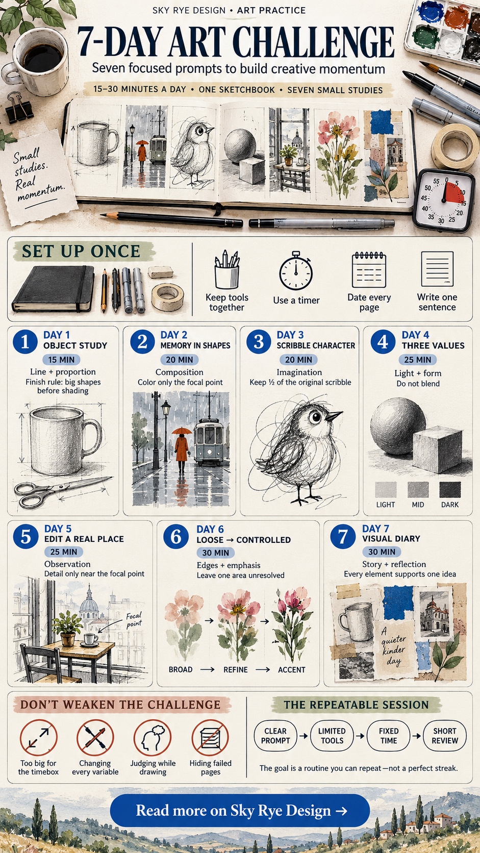 7-day art challenge infographic with daily prompts, time limits, skills, and finish rules