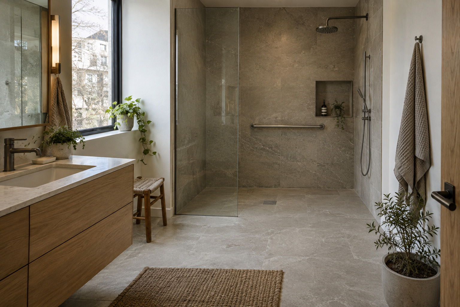 Modern accessible apartment bathroom with a walk-in shower and non-slip floor