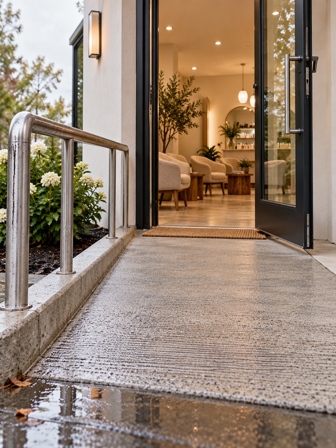 Accessible beauty studio entrance A step-free beauty studio entrance with a gentle ramp and open door. | Sky Rye Design A step-free beauty studio entrance with a gentle ramp and open door.