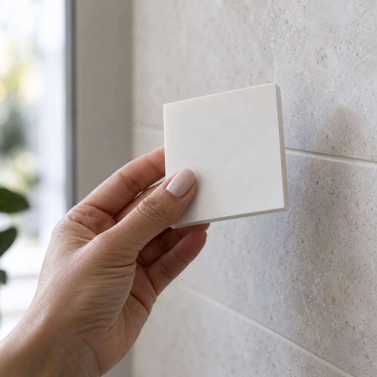 Hand holding a white acrylic surface sample against a pale bathroom tile wall