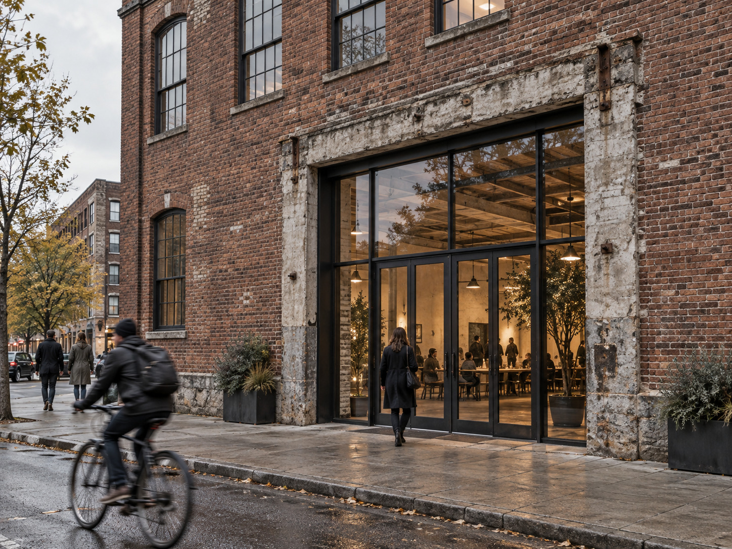 Former warehouse loading bay adapted into a glazed public entrance