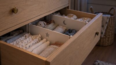 Adjustable dividers separating sleepwear and spare clothes in an oak drawer