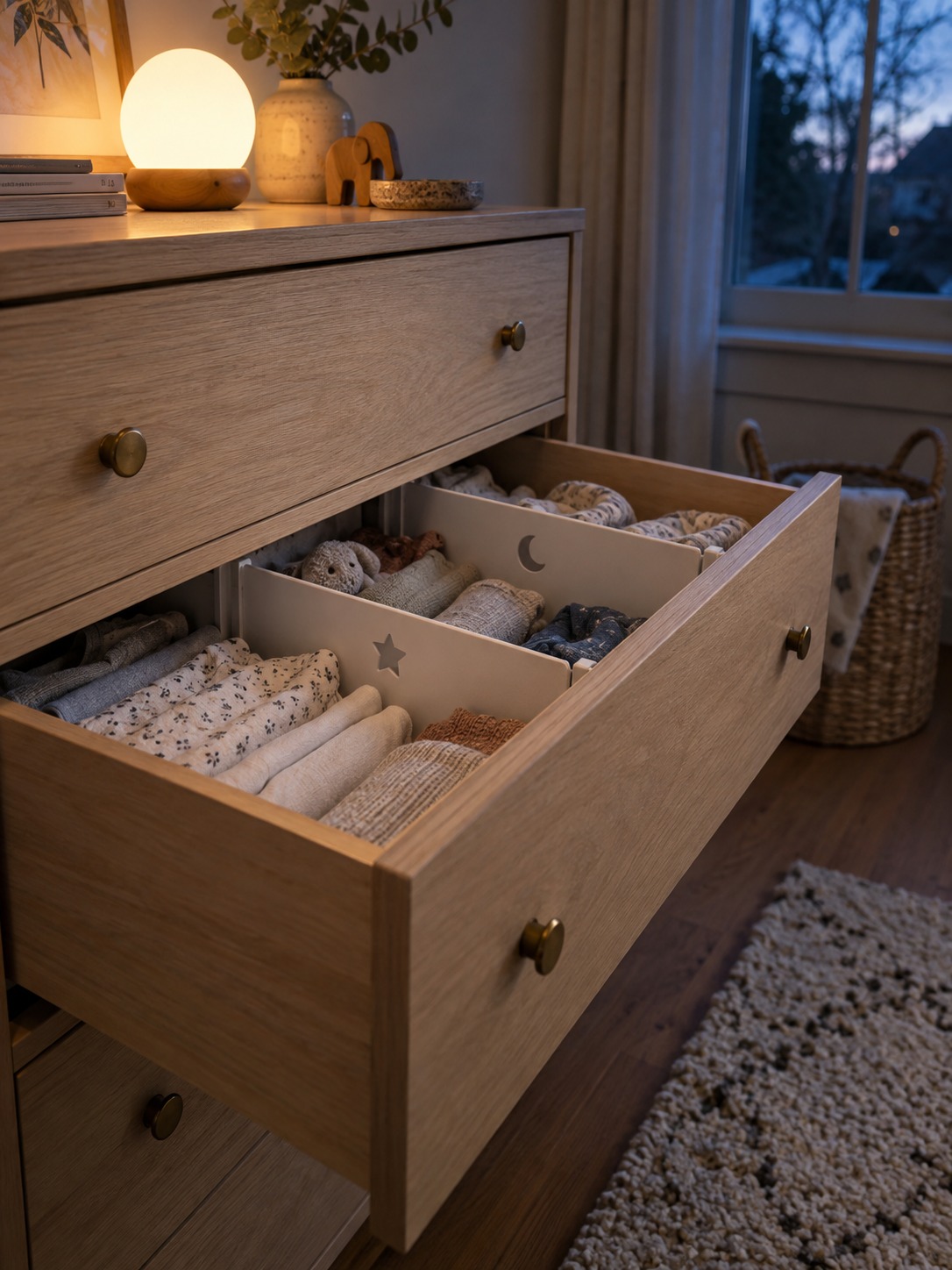 Adjustable sleepwear drawer dividers Adjustable dividers separating sleepwear and spare clothes in an oak drawer | Sky Rye Design Adjustable dividers separating sleepwear and spare clothes in an oak drawer