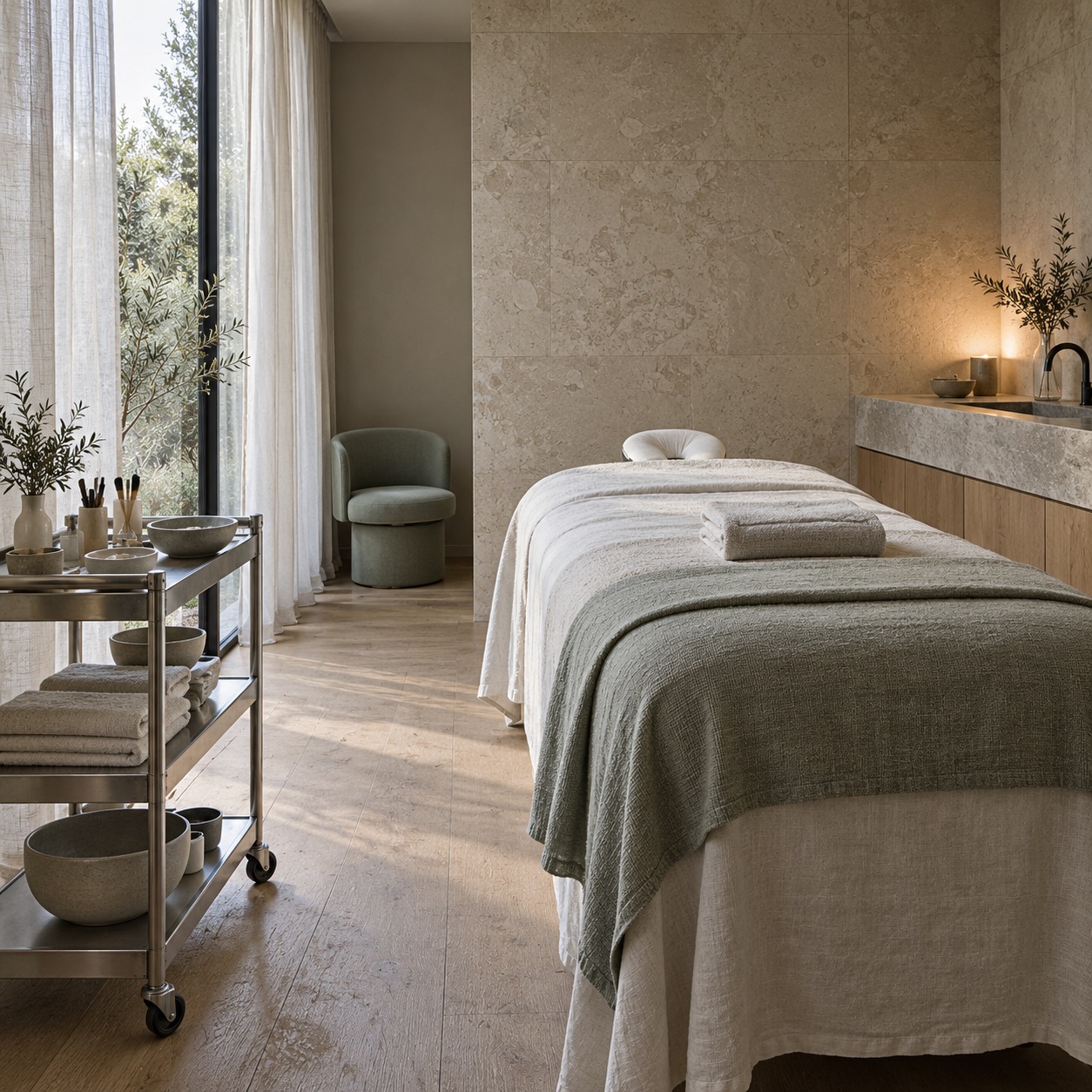 Advanced facial treatment room Quiet modern facial treatment room with limestone walls and prepared bed | Sky Rye Design Quiet modern facial treatment room with limestone walls and prepared bed