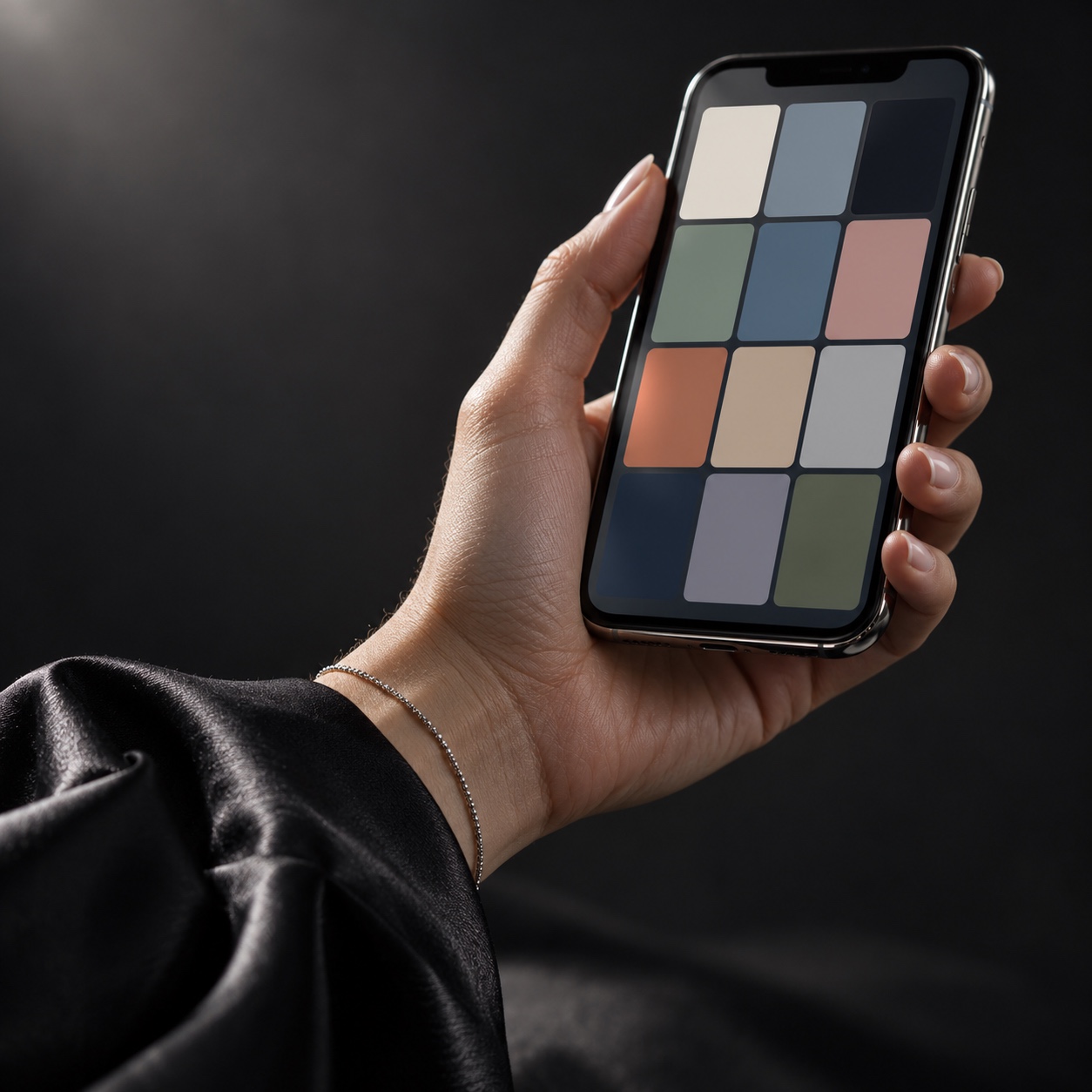 AI content disclosure social check Hand holding a smartphone with a generic grid of blank colored tiles. | Sky Rye Design Hand holding a smartphone with a generic grid of blank colored tiles.