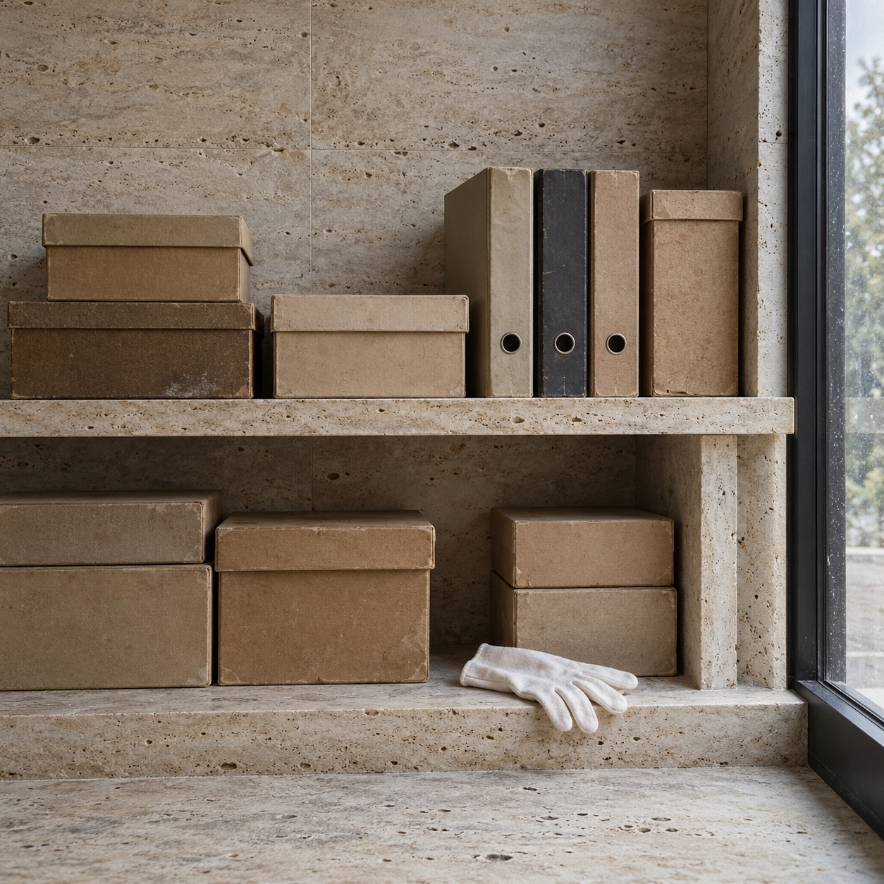 AI image copyright and disclosure Archive boxes and closed binders with blank labels on a travertine shelf. | Sky Rye Design Archive boxes and closed binders with blank labels on a travertine shelf.