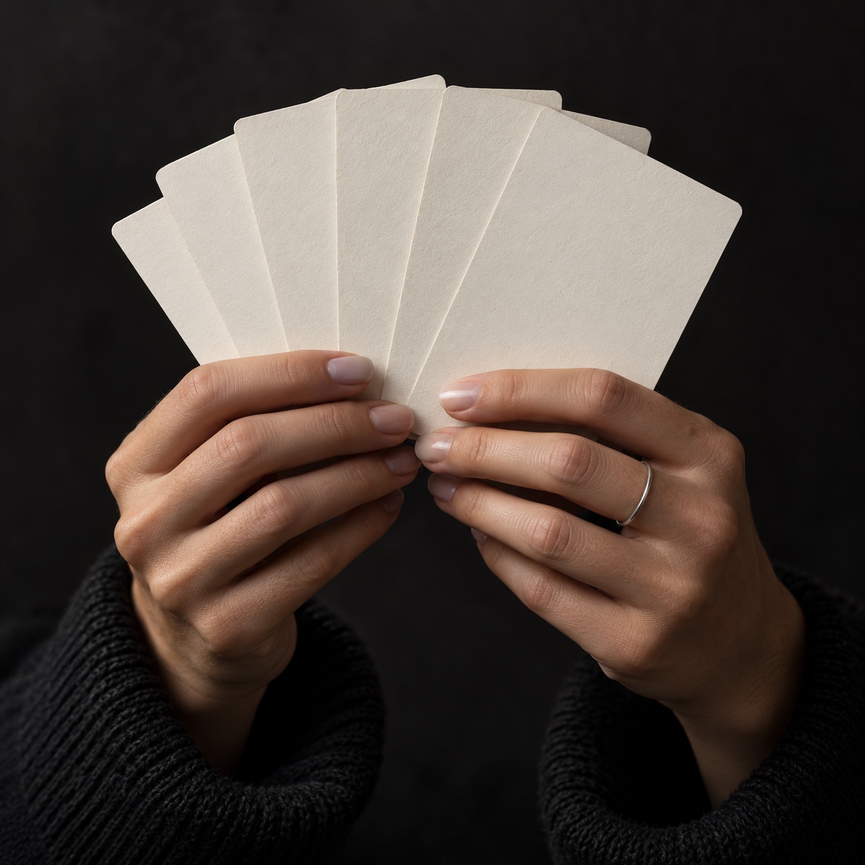 AI practice prompt cards Hands fanning six blank off-white art practice cards against a charcoal background. | Sky Rye Design Hands fanning six blank off-white art practice cards against a charcoal background.