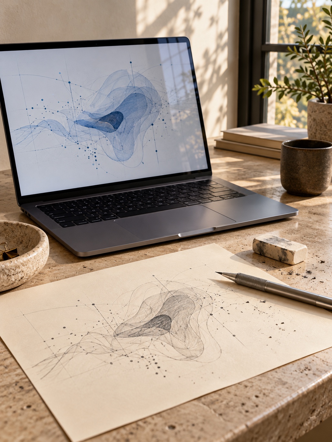 A laptop displays an abstract generated diagram beside a hand-drawn layout sketch.