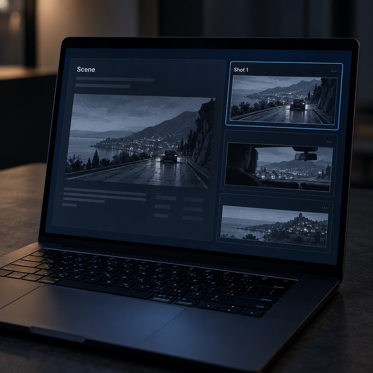 AI screenwriting storyboard interface A laptop showing a screenplay scene beside three ordered storyboard shot panels | Sky Rye Design A laptop showing a screenplay scene beside three ordered storyboard shot panels