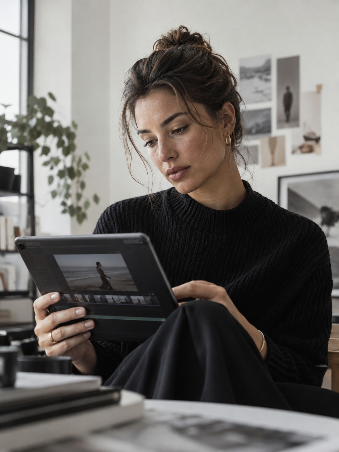 Designer reviewing video footage on a tablet Designer reviewing video footage on a tablet in a softly lit studio | Sky Rye Design Designer reviewing video footage on a tablet in a softly lit studio