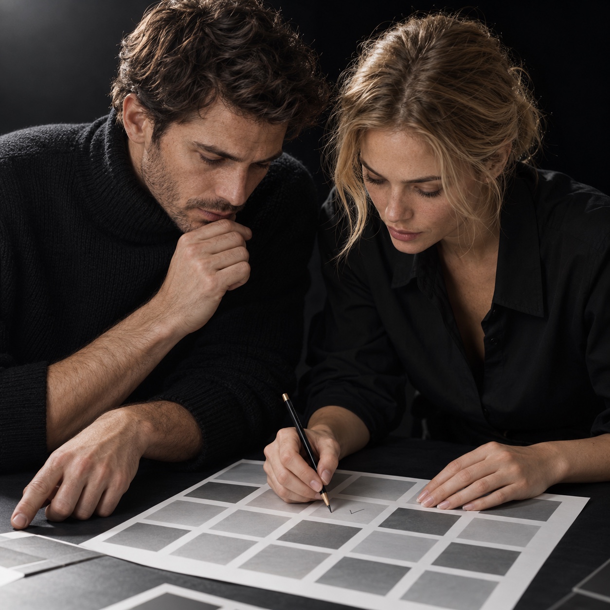 AI visuals art education review Two editors reviewing a contact sheet of blank gray squares with a pencil. | Sky Rye Design Two editors reviewing a contact sheet of blank gray squares with a pencil.