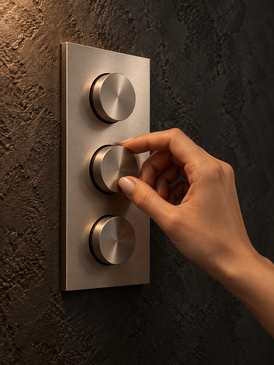 Hand adjusting one dial on a minimal brushed aluminium control panel