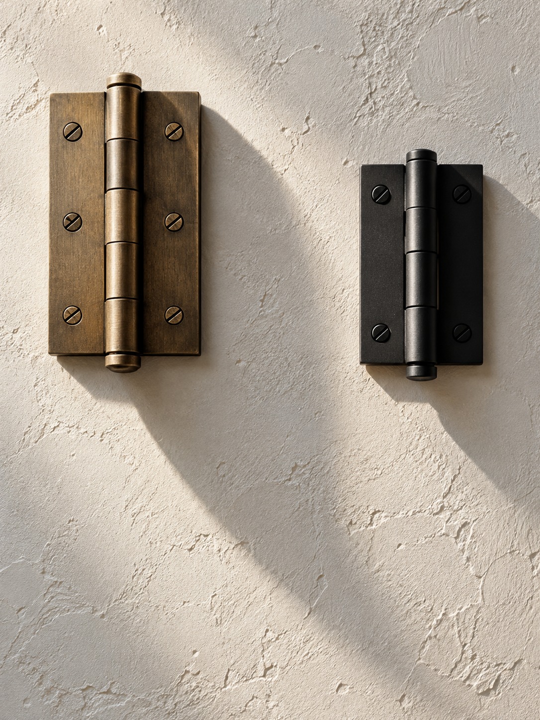 Two metal hinges casting a long soft arc and a short sharp shadow