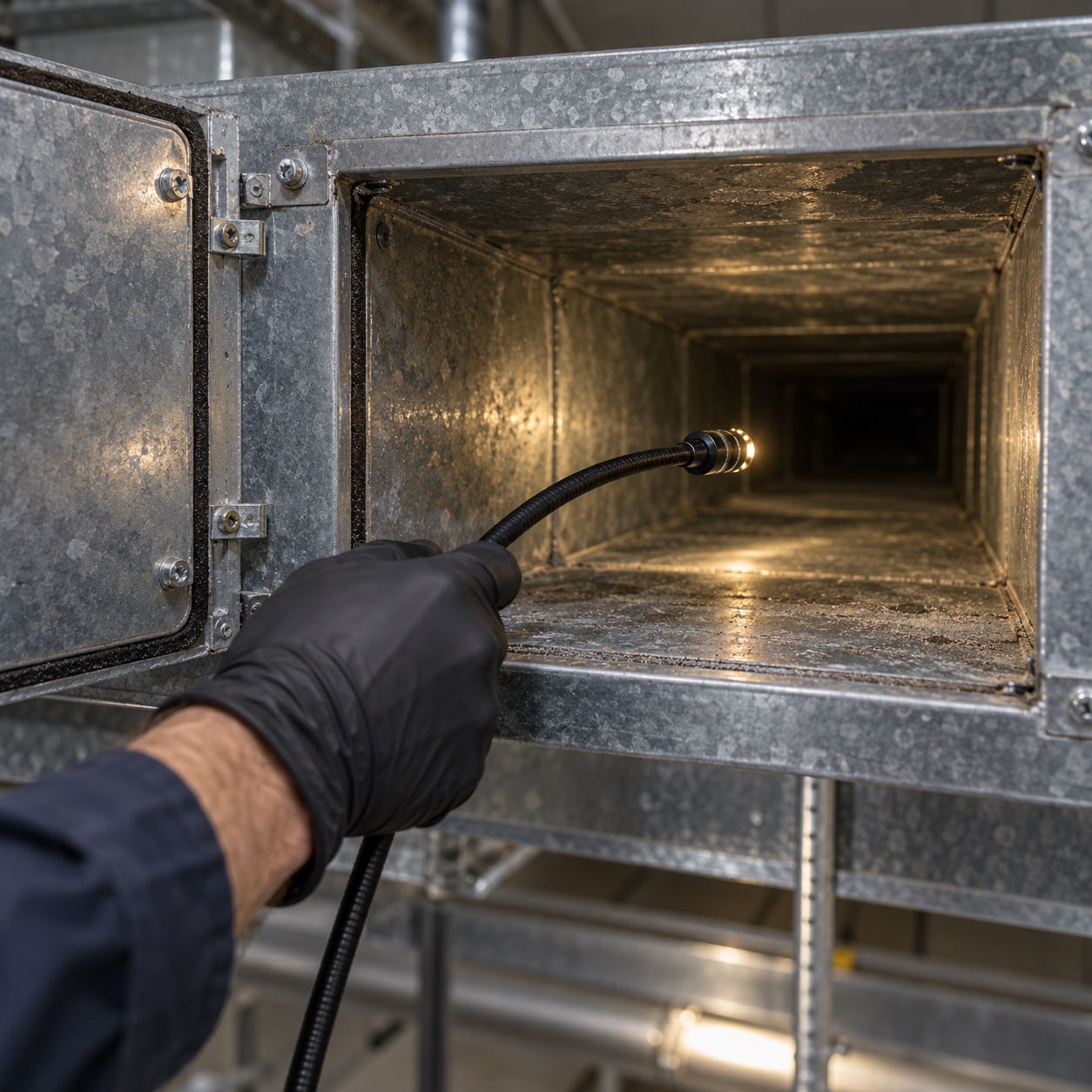 Camera Inspection Inside a Metal Duct Inspection camera entering a galvanized metal air duct through an access opening | Sky Rye Design Inspection camera entering a galvanized metal air duct through an access opening