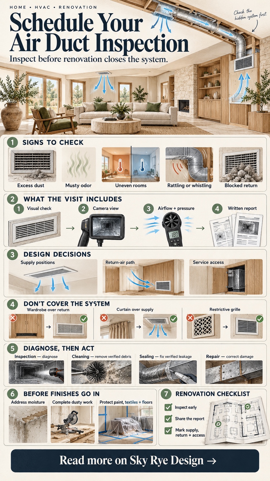 Air Duct Inspection Before Renovation Infographic Air duct inspection infographic showing warning signs, inspection steps, design decisions, and a renovation checklist | Sky Rye Design Air duct inspection infographic showing warning signs, inspection steps, design decisions, and a renovation checklist