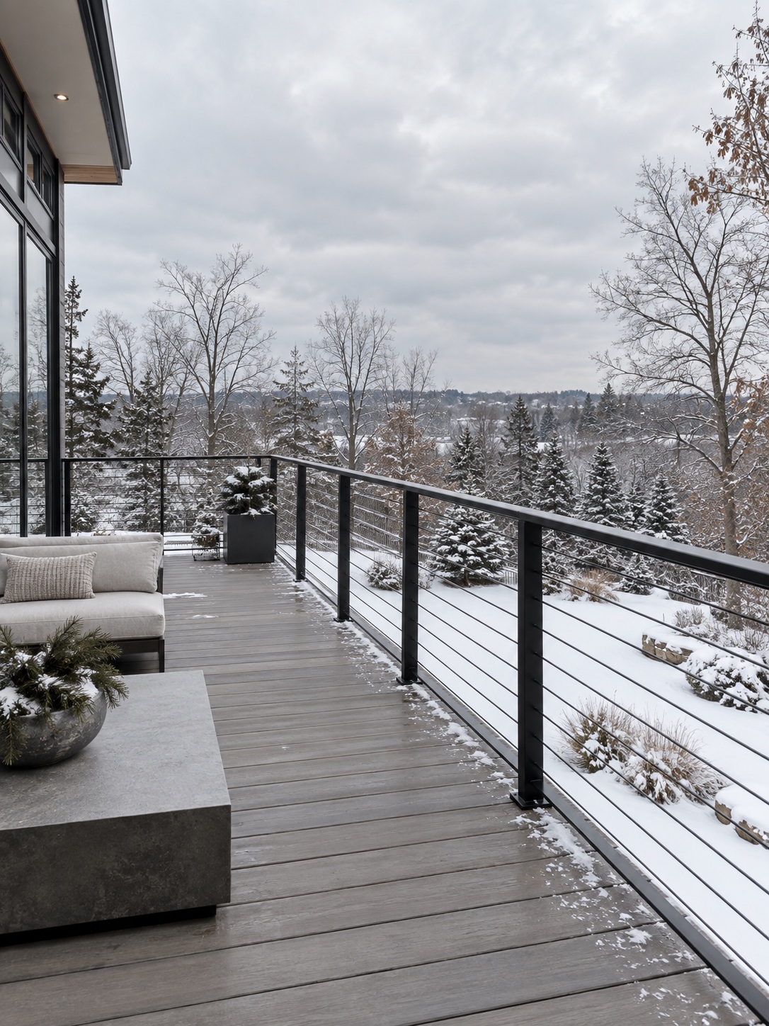 Aluminum Deck Railing in Snow Minimalist aluminum deck railing overlooking a snowy backyard | Sky Rye Design Minimalist aluminum deck railing overlooking a snowy backyard